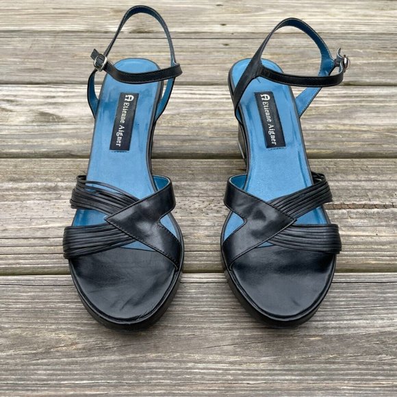 Etienne Aigner Women Shoes Wedge Heel Black Leather Upper Sandal Size 9M - Picture 4 of 12